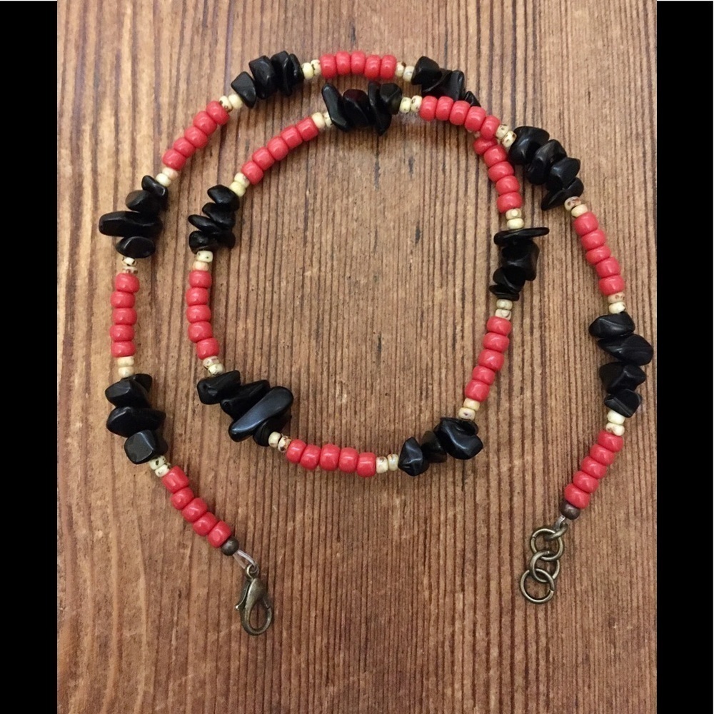 Men's Necklace, 18 Inches Long, Red and Black Nuggets /Handmade Men's Necklace - Picture 3 of 12